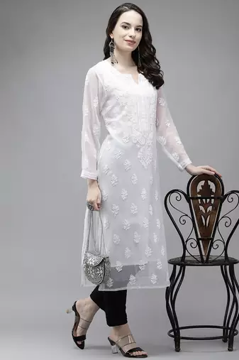 Hand embroidered white georgette lucknowi chikankari kurta set with slip