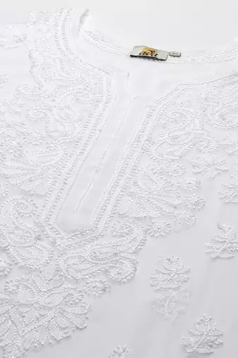 Hand embroidered white georgette lucknowi chikankari kurta set with slip