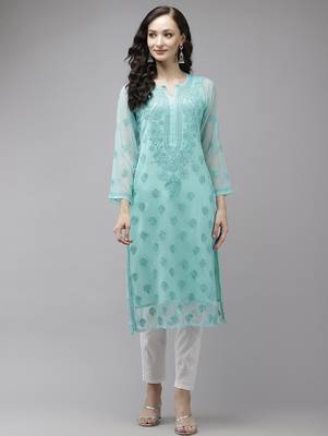 Hand embroidered sea green georgette lucknowi chikankari kurta set with slip 1