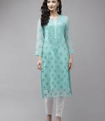 Hand embroidered sea green georgette lucknowi chikankari kurta set with slip
