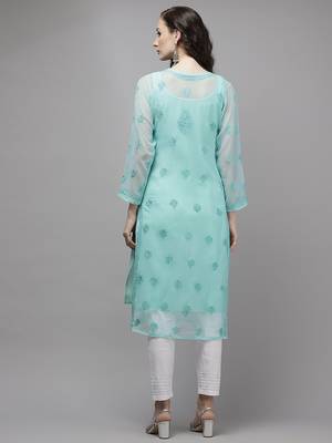 Hand embroidered sea green georgette lucknowi chikankari kurta set with slip 2