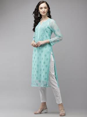 Hand embroidered sea green georgette lucknowi chikankari kurta set with slip 3