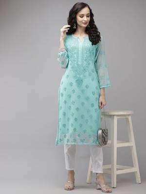 Hand embroidered sea green georgette lucknowi chikankari kurta set with slip 4