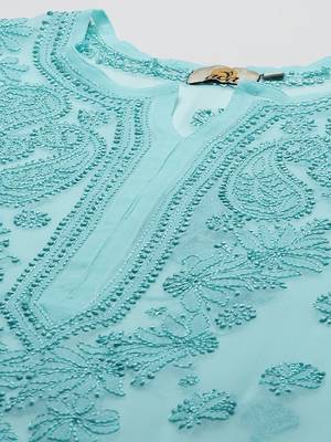 Hand embroidered sea green georgette lucknowi chikankari kurta set with slip 5