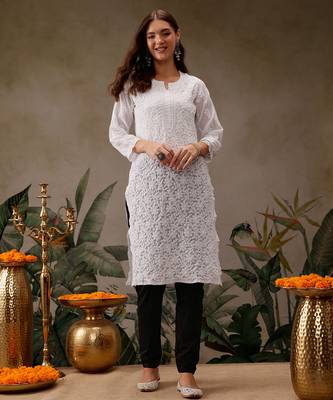 Hand embroidered white georgette lucknowi chikankari kurta straight with trouser set 1