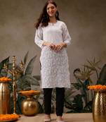 Hand embroidered white georgette lucknowi chikankari kurta straight with trouser set