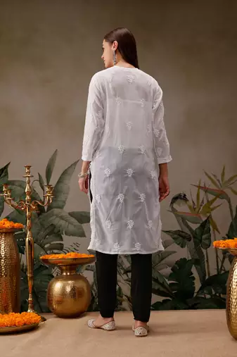 Hand embroidered white georgette lucknowi chikankari kurta straight with trouser set
