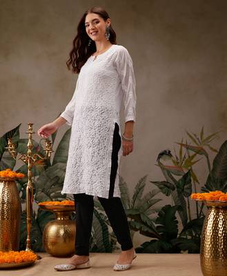 Hand embroidered white georgette lucknowi chikankari kurta straight with trouser set 3