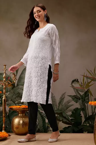 Hand embroidered white georgette lucknowi chikankari kurta straight with trouser set