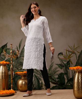 Hand embroidered white georgette lucknowi chikankari kurta straight with trouser set 4