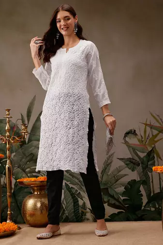 Hand embroidered white georgette lucknowi chikankari kurta straight with trouser set
