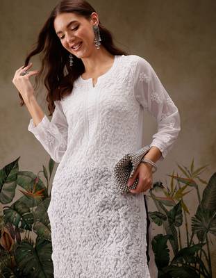 Hand embroidered white georgette lucknowi chikankari kurta straight with trouser set 5