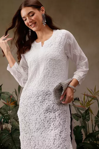 Hand embroidered white georgette lucknowi chikankari kurta straight with trouser set