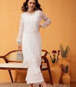 Hand embroidered white georgette lucknowi chikankari kurta set with slip