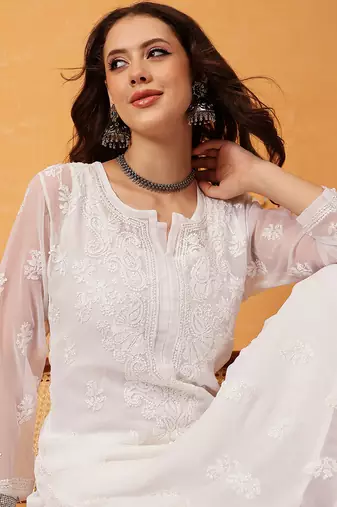 Hand embroidered white georgette lucknowi chikankari kurta set with slip