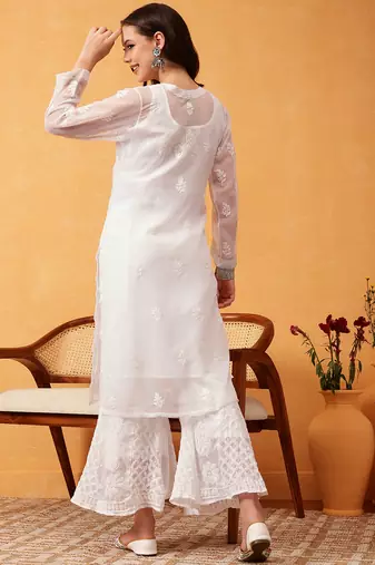 Hand embroidered white georgette lucknowi chikankari kurta set with slip