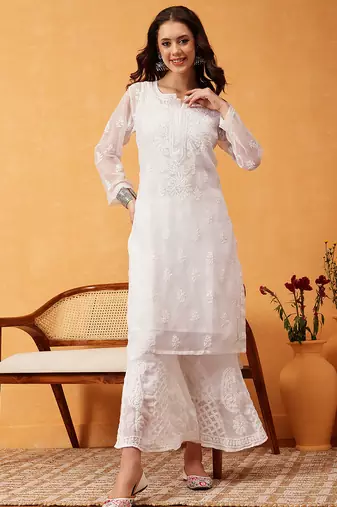 Hand embroidered white georgette lucknowi chikankari kurta set with slip
