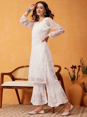 Hand embroidered white georgette lucknowi chikankari kurta set with slip 5