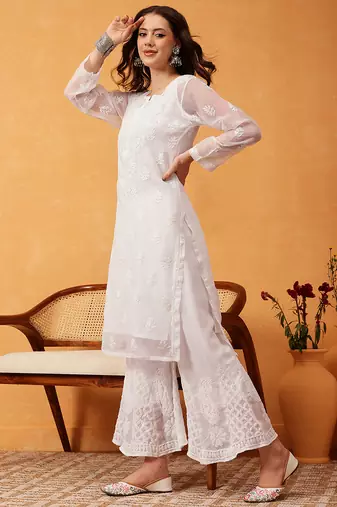 Hand embroidered white georgette lucknowi chikankari kurta set with slip