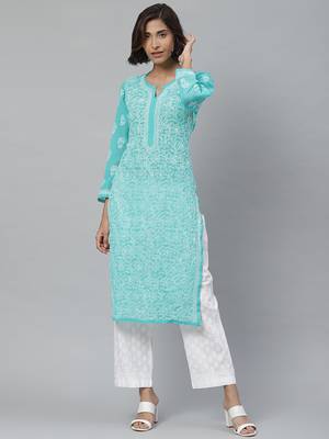 Hand embroidered sea green georgette lucknowi chikankari kurta with palazzo 1