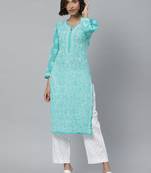 Hand embroidered sea green georgette lucknowi chikankari kurta with palazzo