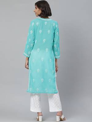 Hand embroidered sea green georgette lucknowi chikankari kurta with palazzo 2