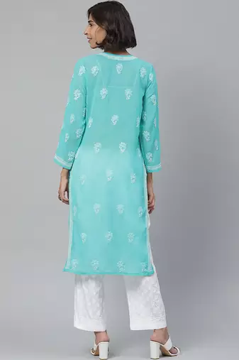 Hand embroidered sea green georgette lucknowi chikankari kurta with palazzo