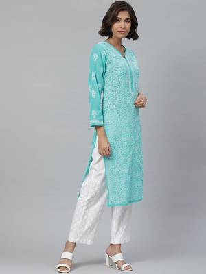 Hand embroidered sea green georgette lucknowi chikankari kurta with palazzo 3