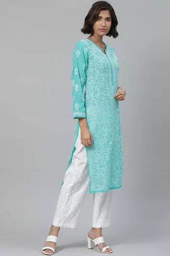 Hand embroidered sea green georgette lucknowi chikankari kurta with palazzo