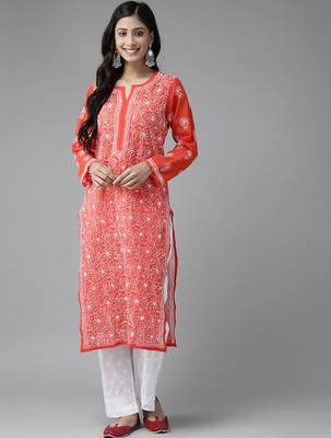 Hand embroidered red georgette lucknowi chikankari kurta set 1