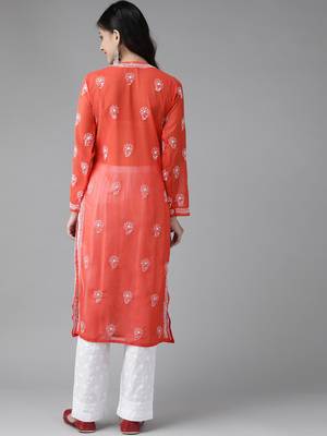 Hand embroidered red georgette lucknowi chikankari kurta set 2