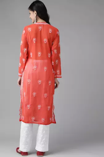 Hand embroidered red georgette lucknowi chikankari kurta set