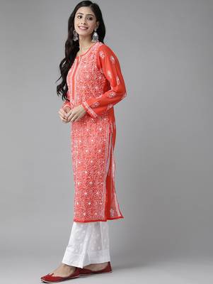 Hand embroidered red georgette lucknowi chikankari kurta set 3