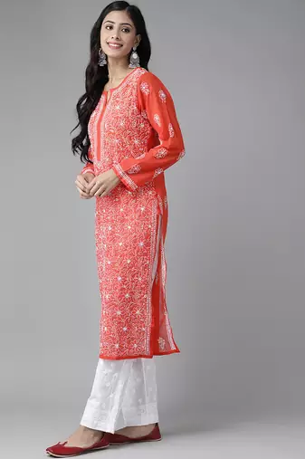 Hand embroidered red georgette lucknowi chikankari kurta set