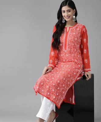 Hand embroidered red georgette lucknowi chikankari kurta set 4