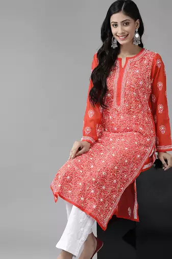 Hand embroidered red georgette lucknowi chikankari kurta set