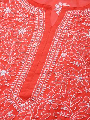 Hand embroidered red georgette lucknowi chikankari kurta set 5