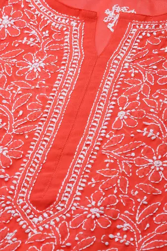 Hand embroidered red georgette lucknowi chikankari kurta set