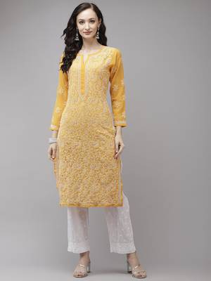 Hand embroidered mustard georgette lucknowi chikankari kurta set 1