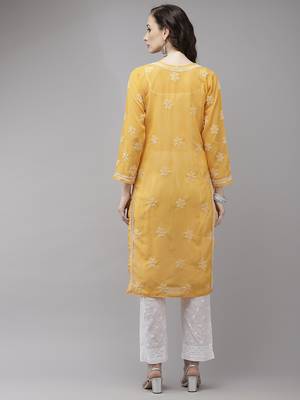 Hand embroidered mustard georgette lucknowi chikankari kurta set 2
