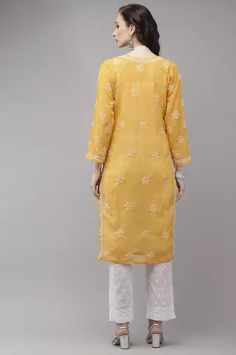 Hand embroidered mustard georgette lucknowi chikankari kurta set