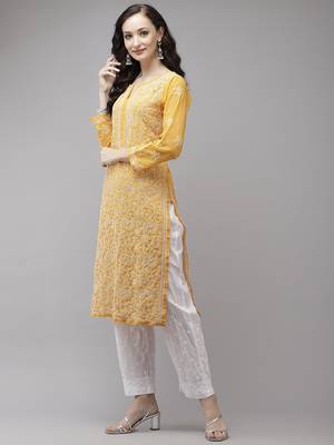 Hand embroidered mustard georgette lucknowi chikankari kurta set 3