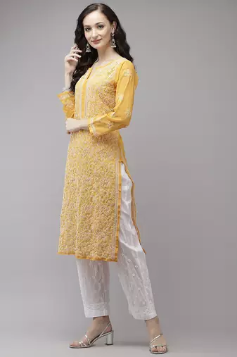 Hand embroidered mustard georgette lucknowi chikankari kurta set