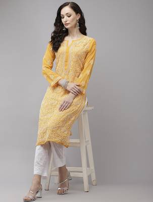Hand embroidered mustard georgette lucknowi chikankari kurta set 4