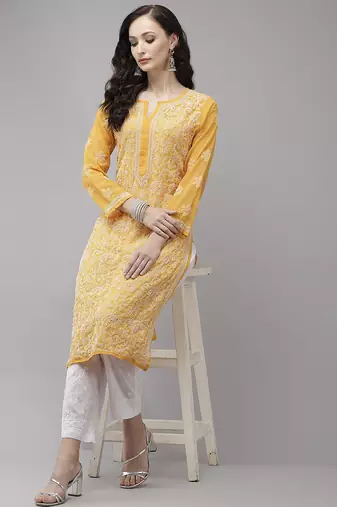 Hand embroidered mustard georgette lucknowi chikankari kurta set