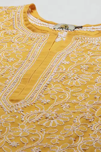 Hand embroidered mustard georgette lucknowi chikankari kurta set