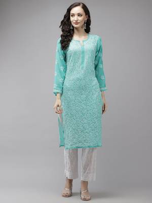 Hand embroidered sea green georgette lucknowi chikankari kurta set 1