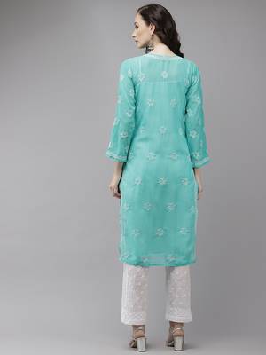 Hand embroidered sea green georgette lucknowi chikankari kurta set 2