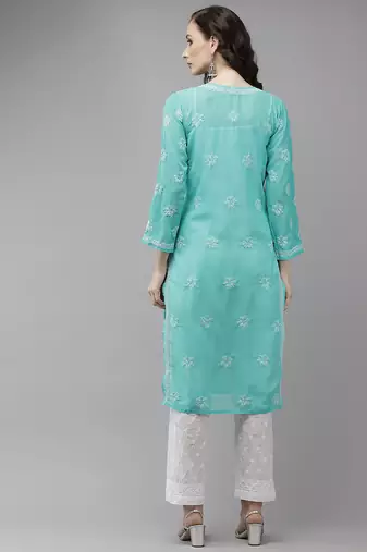 Hand embroidered sea green georgette lucknowi chikankari kurta set