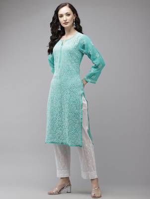 Hand embroidered sea green georgette lucknowi chikankari kurta set 3